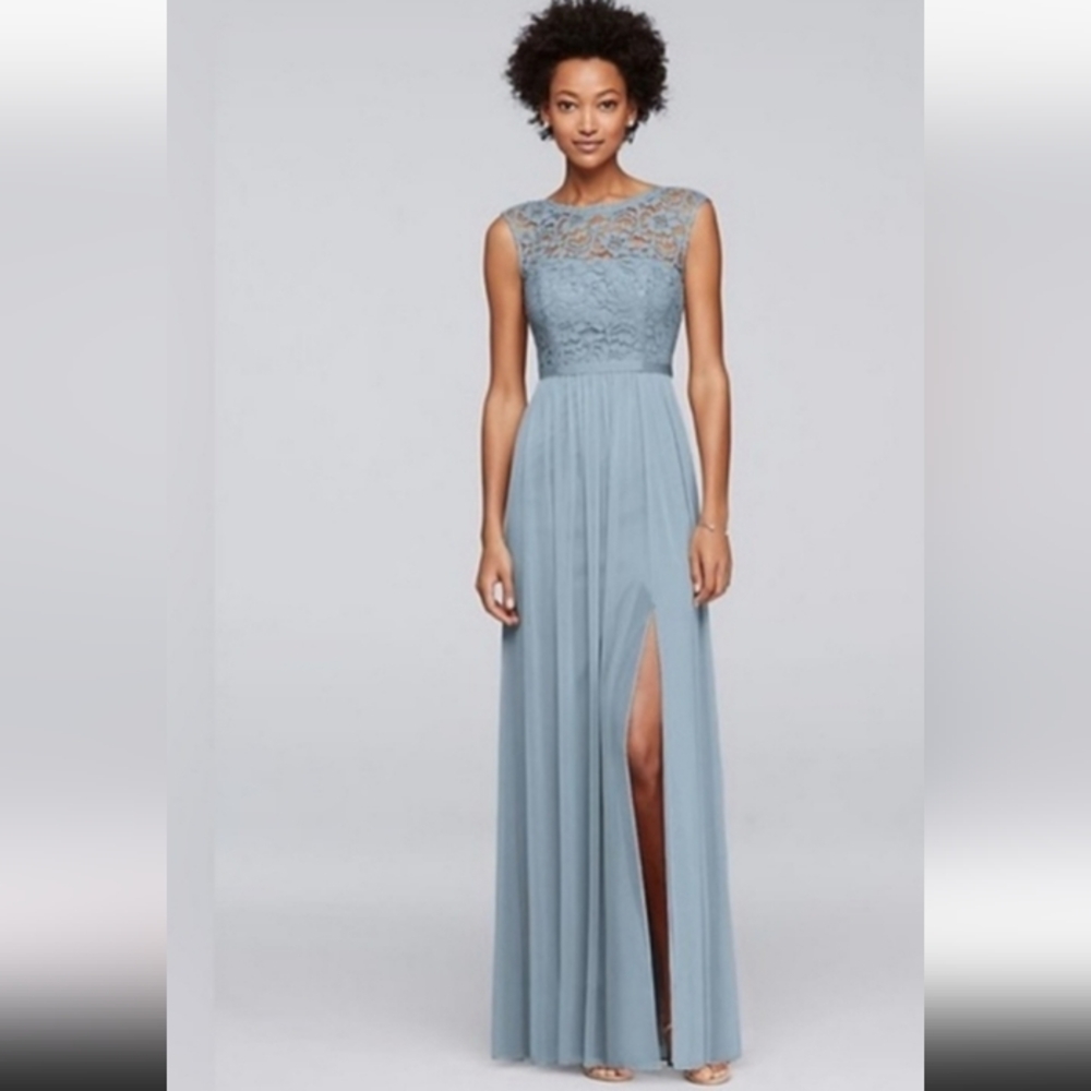 David's Bridal Dusty Blue Chiffon Dress With Lace Bodice: Sleeveless